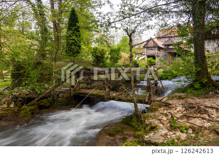 The historic village of Rastoke in the town of Slunj, where the Slunjcica River flows into the Korana River via cascades and waterfalls, Croatia 126242613