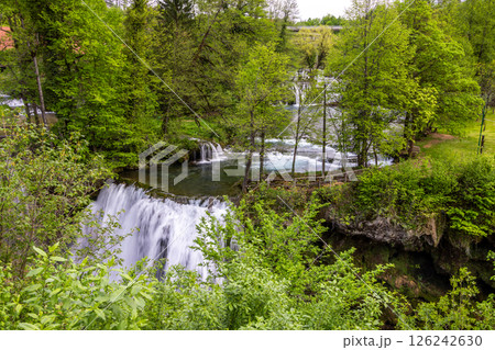 The historic village of Rastoke in the town of Slunj, where the Slunjcica River flows into the Korana River via cascades and waterfalls, Croatia 126242630