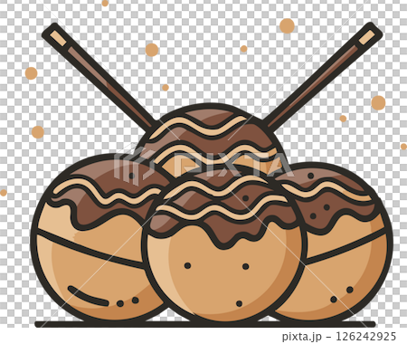 Four Takoyaki with Sticks and Sauce Four Takoyaki with Sticks and Sauce 126242925
