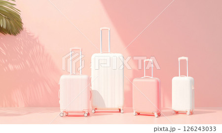 Pastel suitcases against a pink wall, concept of travel and vacation background 126243033