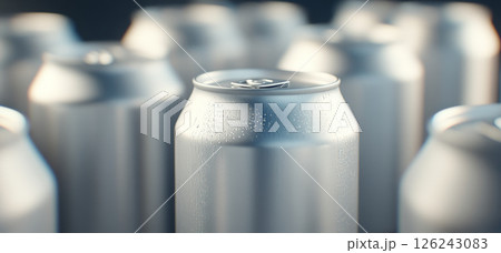 Close-up of multiple silver beer cans with blank surface as mockup, condensation, metallic texture, background 126243083
