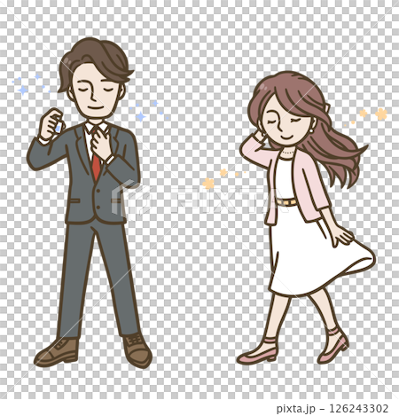 Illustration of men and women wearing perfume, fabric softener, etc. (business suit and dress) 126243302