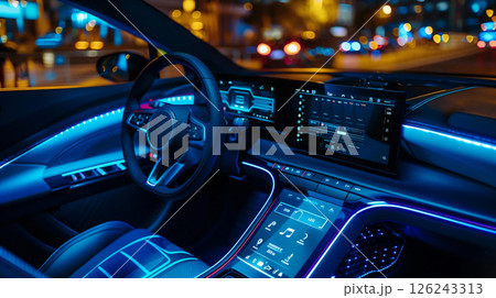 高度なテクノロジーを搭載した電気自動車の車内 126243313