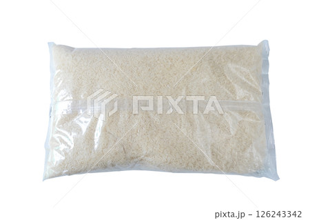 white rice packaged 5 Kg in a plastic bag on white background . 126243342