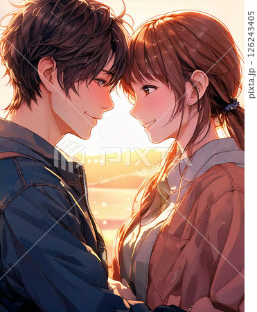 額をくっつけ合わせてはにかみ笑うアニメに出てくるような若い男女カップルのイラスト	 126243405