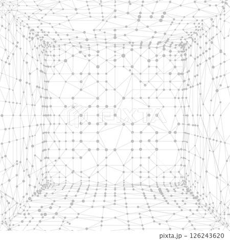 Abstract polygonal perspective space. Dots connected by lines. Abstract wave. Square, cube room. Minimalist mesh. 126243620