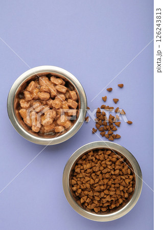 Wet and dry food for dogs and cats in silver bowl on purple background. Vertical photo Wet and dry food for dogs and cats in silver bowl on purple background. Vertical photo 126243813