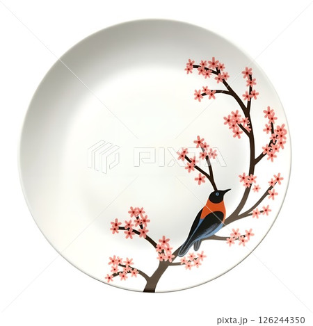 日本の自然美や四季を表現した伝統的なモチーフの九谷焼の和皿。石川県で生産された日本の伝統的な磁器。 126244350