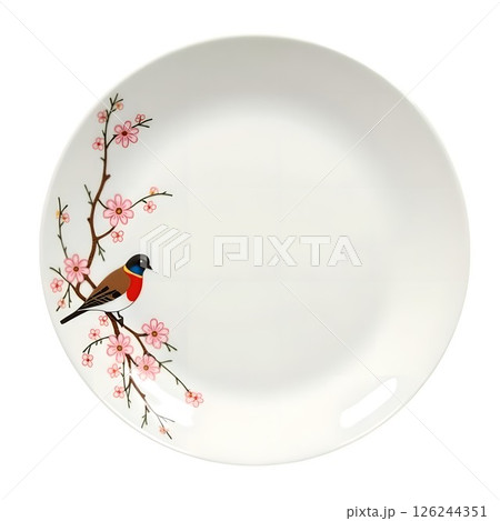 日本の自然美や四季を表現した伝統的なモチーフの九谷焼の和皿。石川県で生産された日本の伝統的な磁器。 126244351