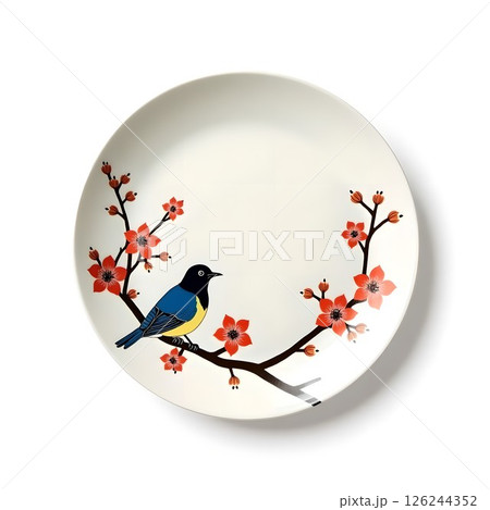 日本の自然美や四季を表現した伝統的なモチーフの九谷焼の和皿。石川県で生産された日本の伝統的な磁器。 126244352
