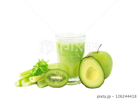 Green smoothie in glass made from kiwi, celery, apples. Detox concept, healthy food, diet, vegetarian. Smoothie isolated on white 126244418