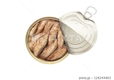 Opened can with sprats in oil isolated on white background Opened can with sprats in oil isolated on white background 126244801
