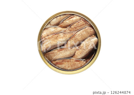 Canned smoked sprat fish in oil in jar isolated on white background. Top view. 126244874