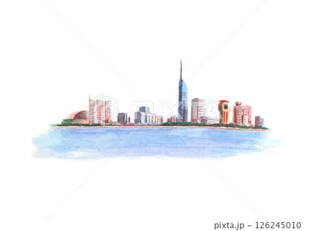 福岡市 百道の海辺の風景の水彩画イラスト 126245010