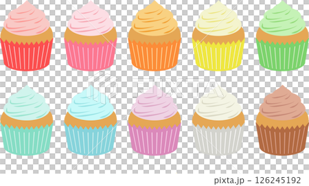 カラフルなカップケーキのイラストセット カラフルなカップケーキのイラストセット 126245192