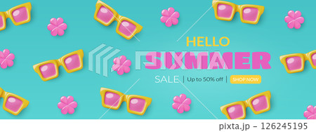 Summer background design with 3d sunglasses and pink flowers Summer background design with 3d sunglasses and pink flowers 126245195