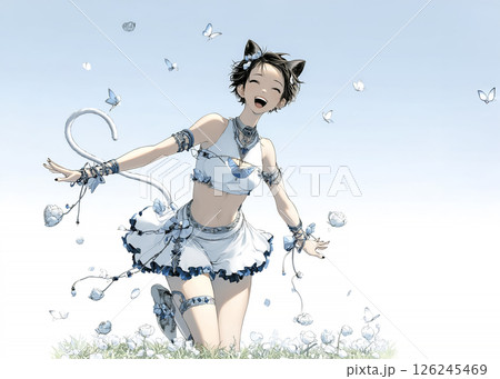 嬉しくて花畑を走り出すネコの妖精のイラスト素材 126245469