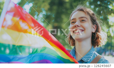Woman holding Lgbt flag. 126245607