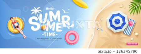 Summer time banner, woman sunbathing on a lifebuoy, beach umbrella, beach bed, coconut tree silhouette 126245790