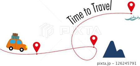 Time to Travel Illustration. Car, routes, destination tag. Mountains and beaches 126245791