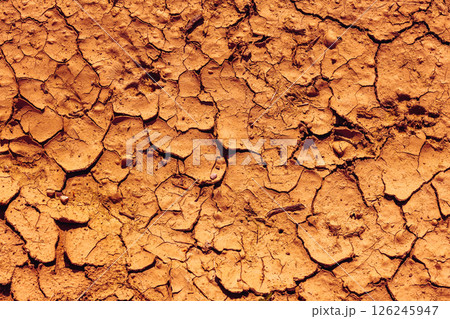 Cracked Earth. An arid landscape with cracked, dry earth patterns in a warm orange hue Cracked Earth. An arid landscape with cracked, dry earth patterns in a warm orange hue 126245947