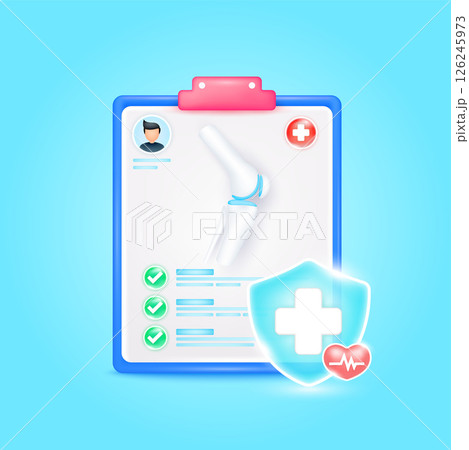Medical document form board. Bone knee joint check up list for health doctor. Symbol cross in shield, red heart pulse line with check mark green button. Health care concept. 3d cartoon vector. Medical document form board. Bone knee joint check up list for health doctor. Symbol cross in shield, red heart pulse line with check mark green button. Health care concept. 3d cartoon vector. 126245973