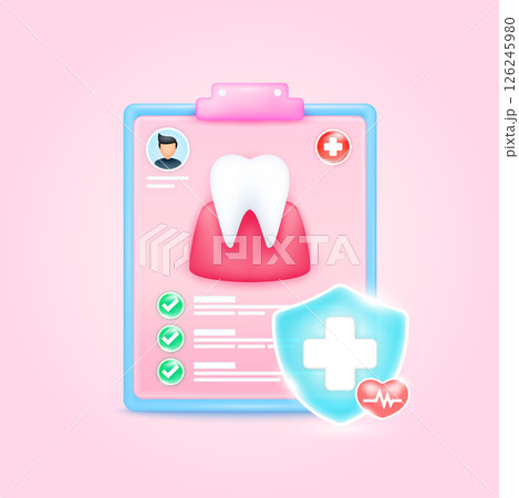 Medical document form board. Gum tooth check up list for health doctor. Symbol cross in shield, red heart pulse line with check mark green button. Health care concept. 3d cartoon vector. 126245980