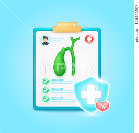 Medical document form board. Gallbladder check up list for health doctor. Symbol cross in shield, red heart pulse line with check mark green button. Health care concept. 3d cartoon vector. Medical document form board. Gallbladder check up list for health doctor. Symbol cross in shield, red heart pulse line with check mark green button. Health care concept. 3d cartoon vector. 126246007