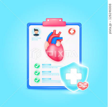 Medical document form board. Heart check up list for health doctor. Symbol cross in shield, red heart pulse line with check mark green button. Health care concept. 3d cartoon vector. Medical document form board. Heart check up list for health doctor. Symbol cross in shield, red heart pulse line with check mark green button. Health care concept. 3d cartoon vector. 126246008