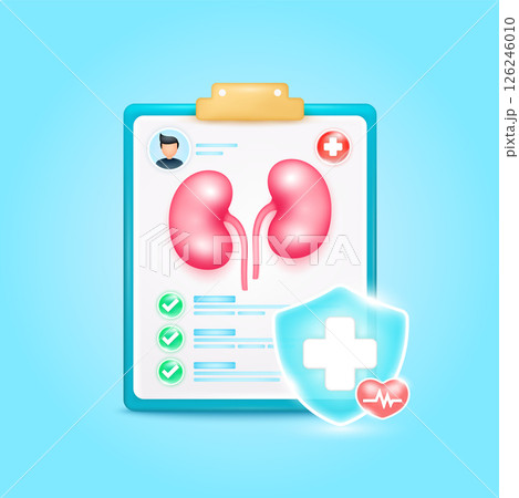 Medical document form board. Kidney check up list for health doctor. Symbol cross in shield, red heart pulse line with check mark green button. Health care concept. 3d cartoon vector. Medical document form board. Kidney check up list for health doctor. Symbol cross in shield, red heart pulse line with check mark green button. Health care concept. 3d cartoon vector. 126246010
