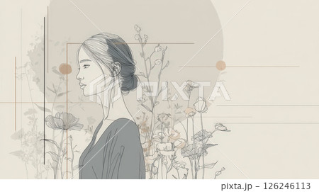 女性の横顔と植物のイラスト 126246113