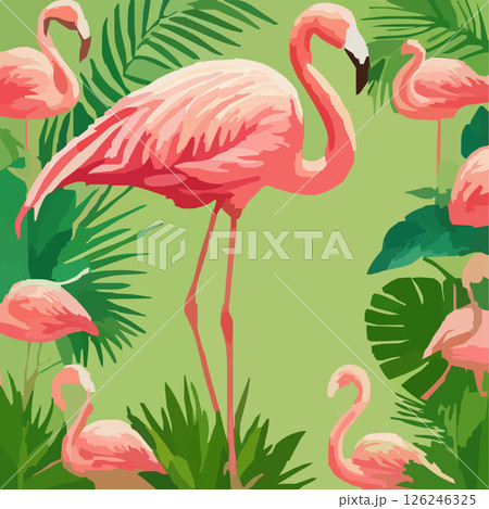 ピンクのフラミンゴと緑の背景のベクターイラスト 126246325