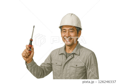 男性の電気工事士が電工ドライバーを持ってポーズする作業イメージ(ヘルメット着用、背景透過) 男性の電気工事士が電工ドライバーを持ってポーズする作業イメージ(ヘルメット着用、背景透過) 126246337