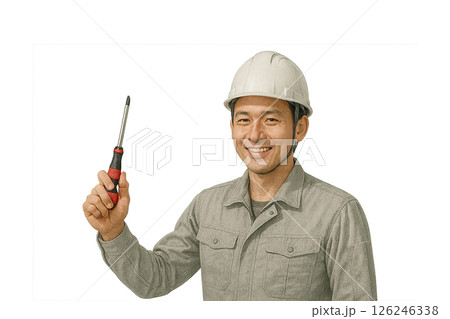 男性の電気工事士が電工ドライバーを持ってポーズする作業イメージ(ヘルメット着用、背景透過) 男性の電気工事士が電工ドライバーを持ってポーズする作業イメージ(ヘルメット着用、背景透過) 126246338