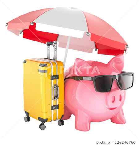 Piggy bank with sunglasses and vacation luggage under beach umbrella. 3D rendering 126246760