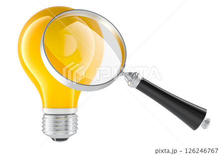 Yellow Light Bulb with Magnifying Glass. Concept of analysis, brainstorming, idea search, innovation, and inspection. 3D rendering 126246767