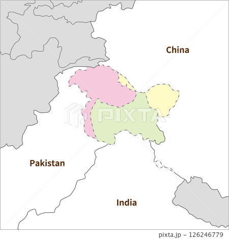 カシミール地方、各国の実効支配地域の色分け、中国とインドとパキスタン 126246779