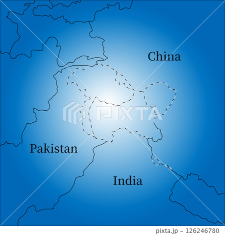 カシミール地方、各国の実効支配地域の境界線、中国とインドとパキスタン 126246780