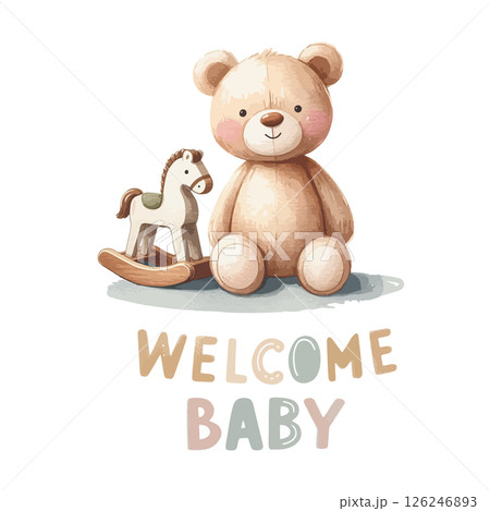Welcome baby card with plush teddy bear and rocking horse. Baby shower invitation. 126246893