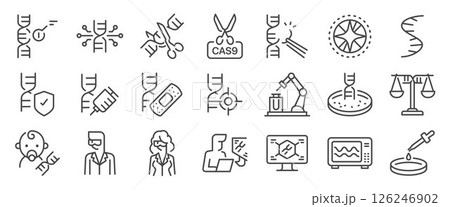 CRISPR gene editing icon set. It includes genetic, DNA, biotech, research, science, and more icons  CRISPR gene editing icon set. It includes genetic, DNA, biotech, research, science, and more icons  126246902