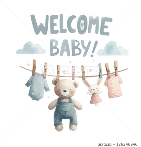 Watercolor Welcome baby card with clothes on the clothesline for baby shower invitation. Watercolor Welcome baby card with clothes on the clothesline for baby shower invitation. 126246946