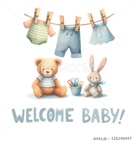 Watercolor Welcome baby card with clothes on the clothesline for baby shower invitation. Watercolor Welcome baby card with clothes on the clothesline for baby shower invitation. 126246947