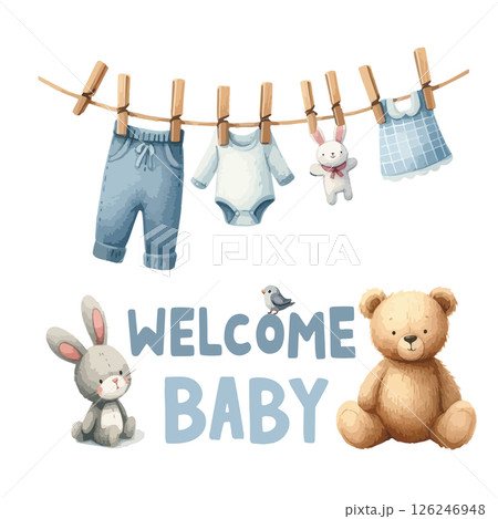 Watercolor Welcome baby card with clothes on the clothesline for baby shower invitation. Watercolor Welcome baby card with clothes on the clothesline for baby shower invitation. 126246948