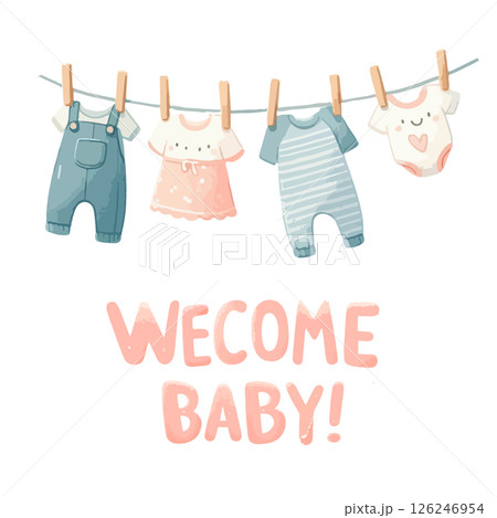 Watercolor Welcome baby card with clothes on the clothesline for baby shower invitation. Watercolor Welcome baby card with clothes on the clothesline for baby shower invitation. 126246954