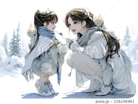 冬の公園を散歩する子供と母親のイラスト素材 126246961