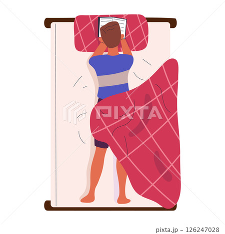 Man reading in bed. Young guy reading book lying in bed top view, resting man with book flat vector illustration. Cozy reading person 126247028