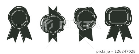 Monochrome wax stamps. Vintage wax seal silhouettes, postal wax seals with ribbons flat vector illustration set. Cartoon wax seal collection on white 126247029