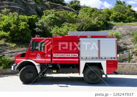 Greece, Kalambaka, fire truck monitoring Meteora. Greece, Kalambaka, fire truck monitoring Meteora. 126247037