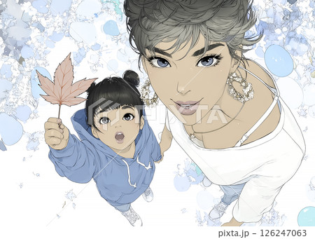 秋の紅葉を楽しむ子供と母親のイラスト素材 126247063