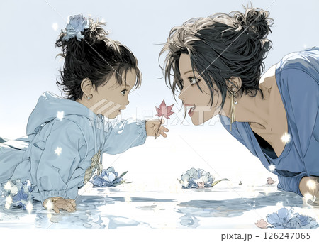 秋の紅葉を楽しむ子供と母親のイラスト素材 126247065